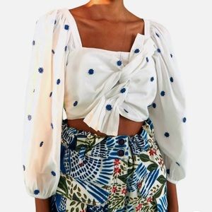 FARM RIO  blue Flowers Long Sleeve Crop Top In Blue/White size S